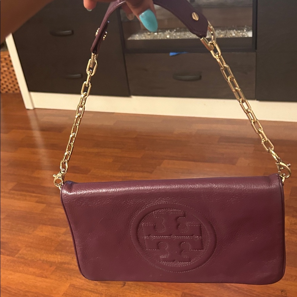 Tory Burch Plum/egg plant Leather Clutch with Gold Accents. - Picture 12 of 16